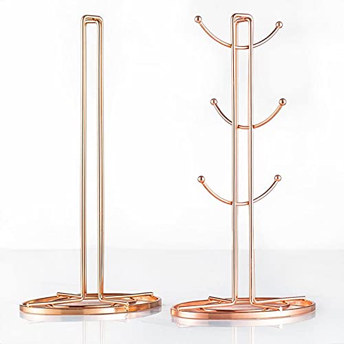 Royal Cuisine Stainless Steel Coffee Tea Mug Tree and Kitchen Roll Holder Stand with 6 Hooks Rose Gold