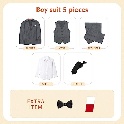 Plavict Boys' Suits Slim Fit 5 Piece, Adjustable Waist, Boys Formal Set Darkgray #TOP3