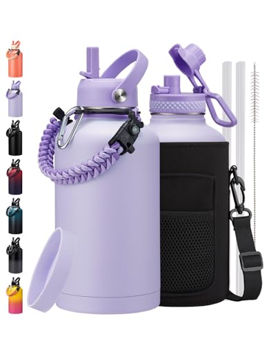 Image of 64 oz Water Bottle- Cold for 48Hrs Stainless Steel Insulated Water Bottle Gallon, BPA-Free Sports Water Flask Jug, 1 /2 Gallon Cup Purple Water Bottle for Woman Girl