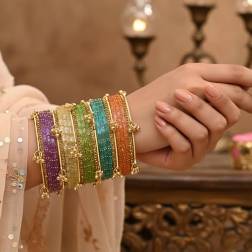 Image of Kashmiri Ghangharoo Glass Bangle Set for Women| Light Weight Bangles | Traditional Transparent Fancy Glass Chudi Set for Wedding, Party.