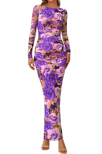 Image of PRETTYGARDEN Women's Long Sleeve Bodycon Dresses 2026 Spring Sexy Floral Mesh Slit Ruched Tight Maxi Wedding Guest Dress