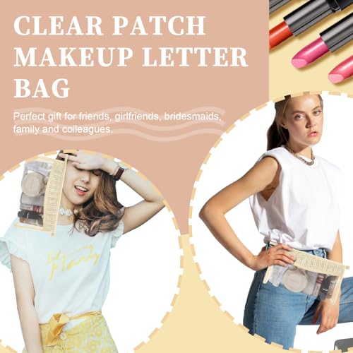 Boho Patch Bag Clear Makeup Letter Bag, Waterproof Zipper Make up Bags Toiletry Pouch for Women Girls, Hollow Woven Clear Letter Patch Cosmetic Bags Transparent Organizer Pouch for Travel(Beige) by Iqimott - Image 5