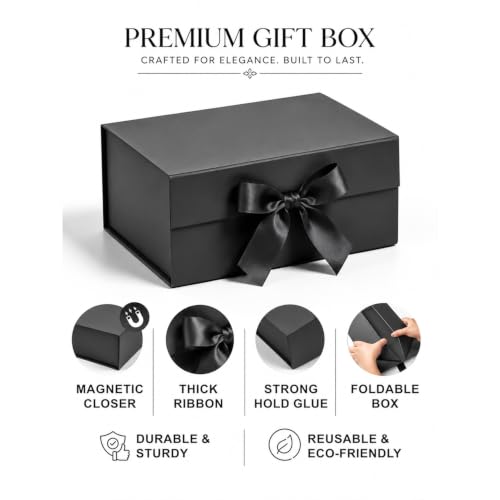 Image of Kura by Ekhasa Foldable Large Multipurpose Gift Hamper Box (21.5 x 21 x 9.5 cm) with Magnetic Closure & Ribbon | Black Rigid Cardboard Empty Reusable Packing Box | Birthday, Wedding & Festive Gifting