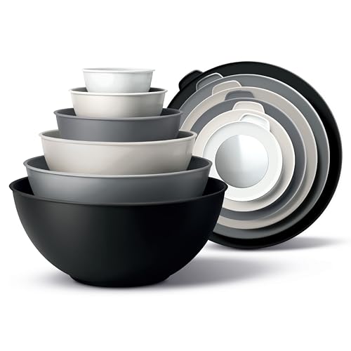 COOK WITH COLOR Mixing Bowls with TPR Lids - 12 Piece Plastic Nesting Set includes 6 Prep and Lids, Microwave Safe Bowl (Black Ombre)