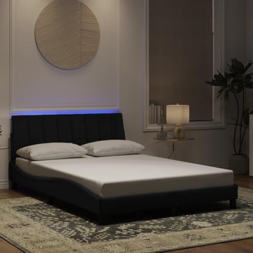 HaoChrymec Estructura de Cama con Luces LED, Terciopelo Negro, Diseño Ondulado Moderno, Cama Individual Ideal para Dormitorio Juvenil o Habitación Pequeña, Color Negro, 120x200 cm
