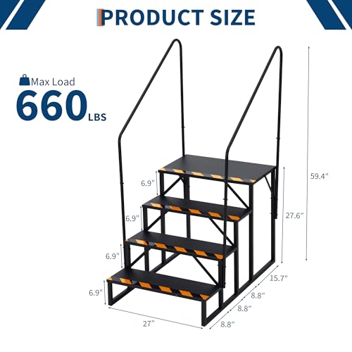 Wohnmobil-Treppe mit beidseitigem Handlauf – 4 Stufen, rutschfest, 300 kg Tragkraft, tragbare Außentreppe für Wohnwagen, Camper, Pool, Wirbel, Veranda – stabile RV Step Stairs – Bilateral 4th order