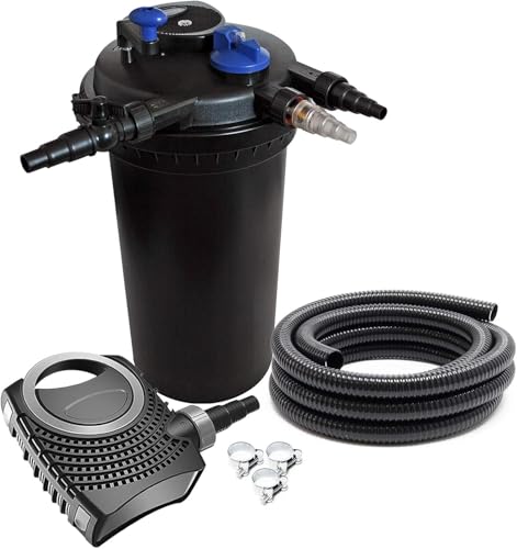 SunSun Komplettset: CPF-15000 Teichdruckfilter bis 30000 L mit 18 Watt UV-C Teichklärer, NEO3800 SuperEco Teichpumpe 3600l/h 20W, 5m Teichschlauch 38 mm (1 1/2), Schlauchschellen W1 44-47mm
