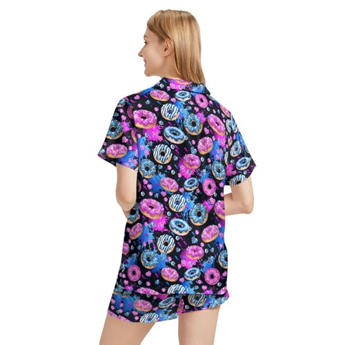 Image of Funny Satin Pajamas Set for Women Button Down Sleepwear Print Pjs Set 2 Piece Short Sleeve Loungewear Gift for Women