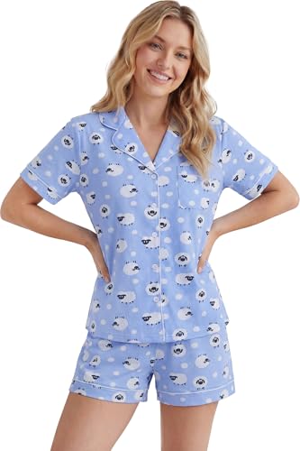Image of LUBOT 100% Cotton Pajamas for Women 2 Piece PJ Set Button-Down Soft Knit Short Sleeve Summer Sleepwear Loungewear XS-XXL