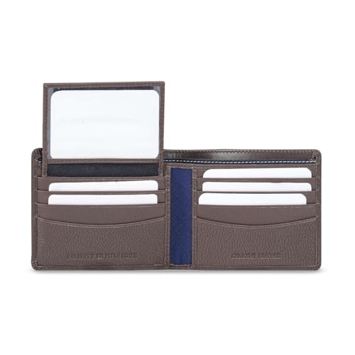 Image of Tommy Hilfiger Men's Leather Wallet Pocos | Brown Solid Passcase Bi-Fold with 12 Card Slots | Stylish Purse for Gents