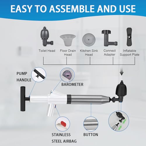 Image of Toilet Plunger High Pressure Air Drain Blaster Gun Drain Clog Remover Tools Air Plunger Heavy Duty Drain Powerful Plungers for Toilet Unclog Toilet, Floor Drain, Bathroom（White）