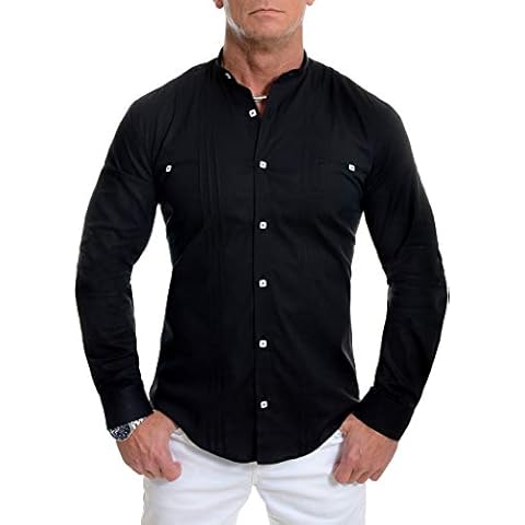 D&R Fashion Men's Elegant Shirt Grandad Collar Long Sleeve White Black Cotton Cover