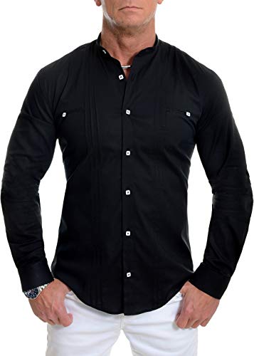D&R Fashion los Hombres la Camisa Elegante con Cuello en Banda Slim Fit algodón Blanco Negro