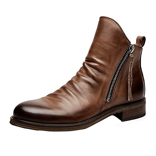 Chelsea Stivali per Uomini Piatta Caviglia Alta Piana Punta Stivali In Pelle Doppia Zip Antiscivolo Arricciato Stivaletti Autunno Inverno Moda Mid Top Scarpe, Marrone, 37.5 EU