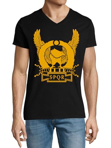 T-shirt en coton de qualité supérieure col en V noir avec aigle de l'Empire Romain