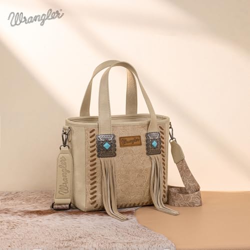 Image of Montana West Wrangler Cowhide Tote Bag for Women Western Tooling Handbag Leather Fringing with Turquoise Stone Concho