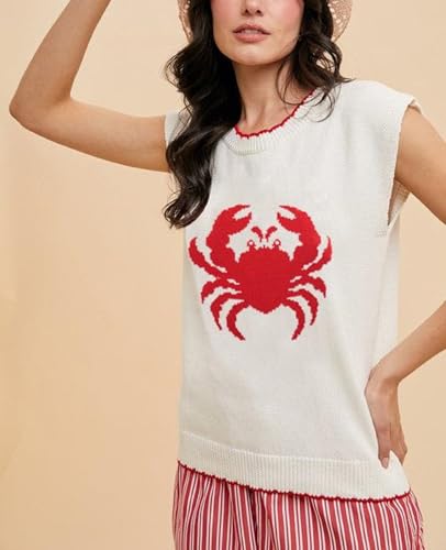 Image of Women Graphic Sweater Vest Y2k Sleeveless Lobster Pullover Top Crew Neck Lightweight Fall Knit Tank Top