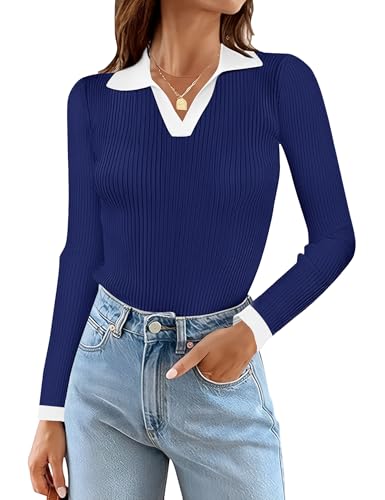 Image of Rapbin Women's V Neck Long Sleeve Ribbed Knit Pullover Sweater Slim Fitted Casual Basic Tee Tops