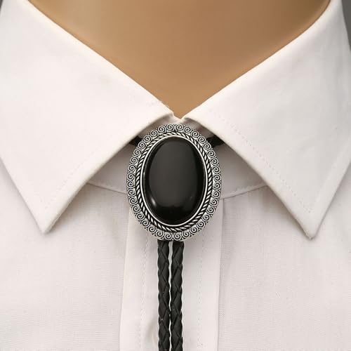 Image of Vintage Western Cowboy Rodeo Black Agate Bolo Tie for Men Women