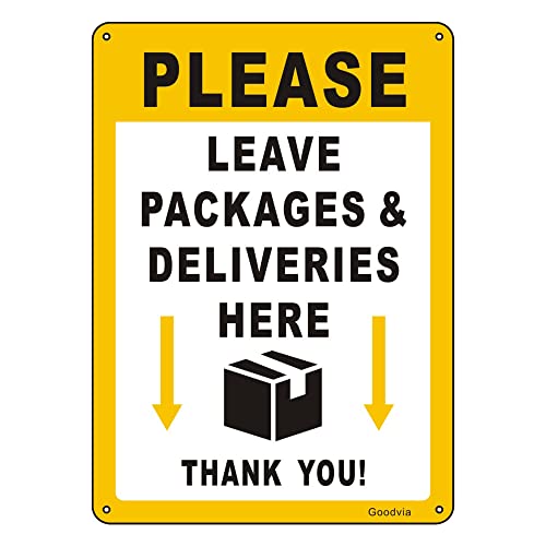 Goodvia Please Leave Parcels and Packages Here Sign with Arrow Alu with Pre-drilled Holes, 10x7'' for Post Box or Anywhere for Deliveries Outdoor, Waterproof UV Protection Strong and Durable