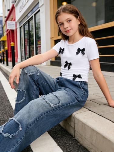 Image of Size 7-14 Years Girls 2 Piece Outfits Bow Short-Sleeved Top and Jeans Pants Clothing Set