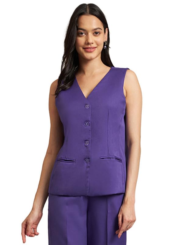 Women’s Solid V-Neck Sleeveless Polyester Waistcoat