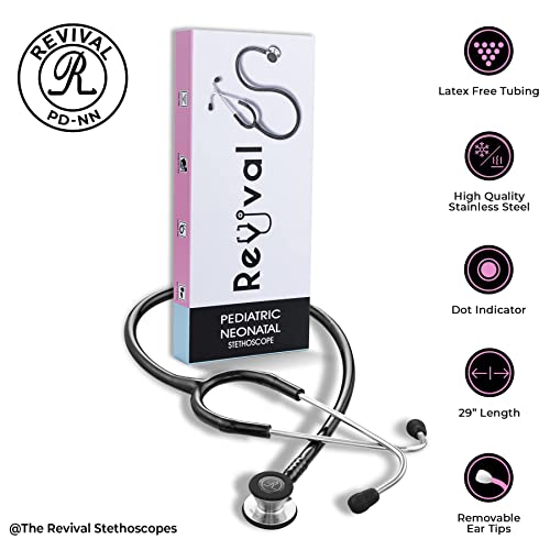 Revival Pediatric Neonatal Stainless-Steel Dual Head Stethoscope For Infant Care, Pediatricians, Neonatologist, Nurses And Medical Students With Tunable Diaphragm, Latex Free Tubing.(Black) #TOP1
