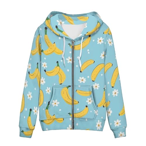 Image of Agoviwo Cute Print Zip up Hoodie Women Long Sleeve Hoodie Hooded Neck Sweatshirt for Home, Banana, XS