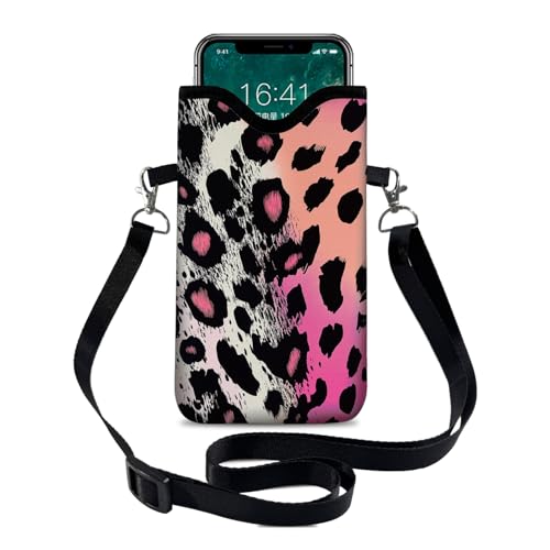 Image of Neoprene Cell Phone Sleeve Pouch Case Bag with Crossbody Strap Neck Lanyard for Women 7.1 X 3.9 in Pink Black