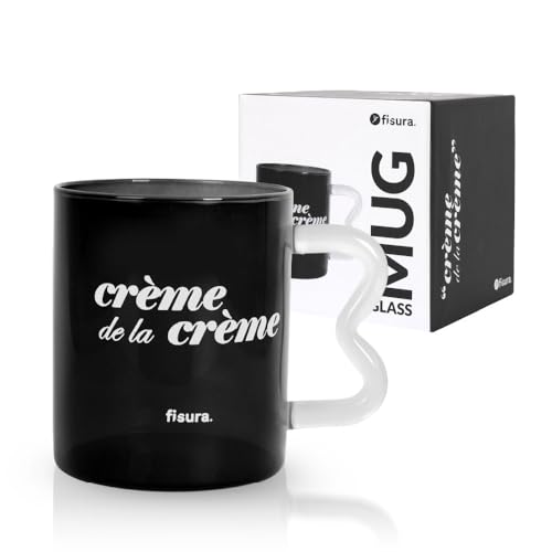 Fisura – Tazza da caffè in vetro con scritta “Crème”. Tazza in borosilicato nera con manico originale trasparente. Bicchiere per tè o caffè. Capacità 410 ml.