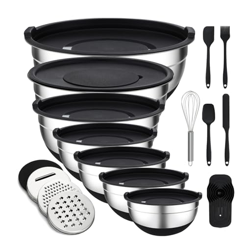 Unokit Mixing Bowls with Lids Set, 7 Pcs Stainless Steel Mixing Bowls with 3 Grater Attachments, Non-Slip Silicone Base Mixing Bowl Set, Sizes 4.5, 4, 3.5, 2.1, 1.5, 1.1, 0.7 Qt for Mixing, Serving