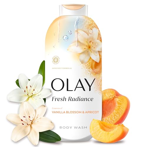 Olay Body Wash for Women Fresh Radiance 24/7 Skin-Loving Freshness Visibly Radiant Plant Based Cleansers Vitamin B3 & Antioxidant Blend All Skin Types Vanilla Blossom & Apricot Scent 22 fl oz