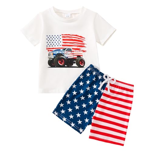 Image of Toddler Boy 4th of July Outfit Short Sleeve T-shirt + American Flag Shorts Independence Day Clothes