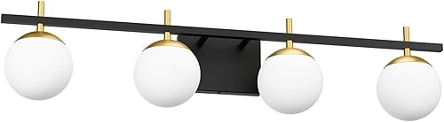 Ralbay Lámpara de tocador de baño de oro negro 2 luces de mediados de siglo moderna lámpara de pared de bola de vidrio lechoso negrodorado para baño