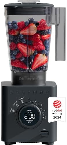 Chefman Obliterator 48 oz Countertop Blender for Smoothies, 1380W Motor to Crush Ice, Nuts, and Frozen Fruit with Stainless Steel Blade, Auto Blend Function, Includes Tamper and Scraper - Midnight