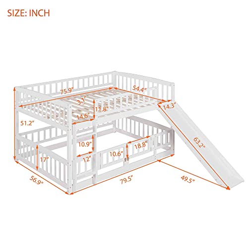 Cotoala Full Over Full Low Bunk Bed With Convertible Slide And Ladder For Kids, Bedroom, Wooden Bedframe W/Fence, Save Space, No Need Spring Box, White #TOP1