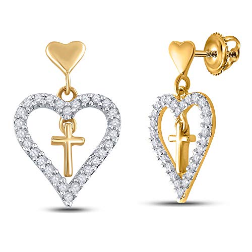 14K Yellow Gold Womens Round Diamond Heart Cross Dangle Earrings 1/3 Cttw #TOP19