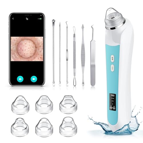 Image of Facial Pore Blackhead Remover Vacuum, 1080P Camera Blackhead Remover, 20x Zoom, 8 LEDs & 3 Suction Modes, 800mAh Battery & USB - 6 Heads Pore Cleaner Kit for Women&Men(Blue)