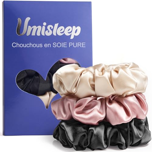 Umisleep Lot de 3 chouchous 100% soie de mûrier pour femme - Élastiques doux pour moins de frisottis et de cassures - Élastiques sans traces (rose, noir et champagne)
