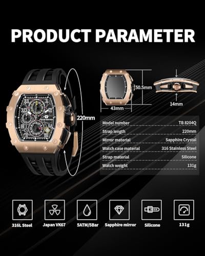 Image of TSAR BOMBA Mens Luxury Watch Watches for Men 50M Waterproof Japanese Quartz Movement Tonneau Stainless Steel Case Sapphire Glass with Chronograph Date Function Cool Unique Fashion Gift