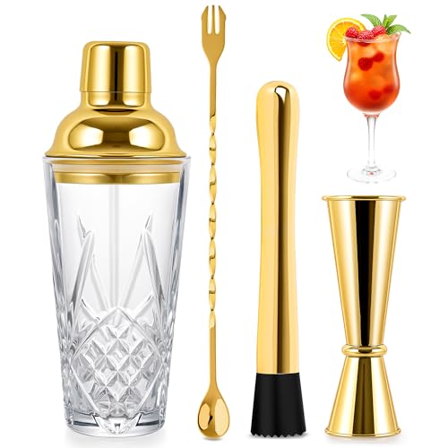 Juego de coctelera de vidrio con tapa dorada, kit de coctelera de vidrio con colador integrado, medidor, cuchara de bar y mortero, coctelera de vidrio a prueba de fugas para bar en casa, cócteles