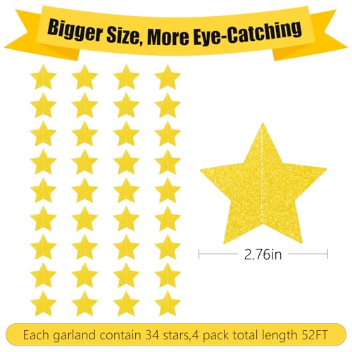 Image of Gold Glitter Star Garland Banner Streamers - 2.76 Inch 52 FT 4 Strands Paper - Golden Garland for Graduation Birthday Baby Shower Christmas Party Decorations