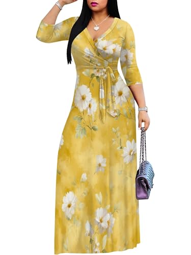 Image of SUZONANA Plus Size Dresses for Women Floral Print Maxi Dress Flowy 3 /4 Sleeve with Belt