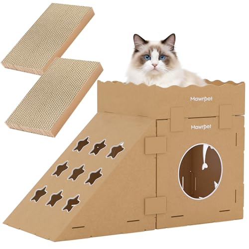 Image of DIY Cardboard Cat House with Scratching Pad, Cat Tower Indoor Play House, Versatile Cardboard Cat Tunnel Box for One or More Pets, Indoor Use Rabbit Hideout Cave Castle Brown, 3 Parts