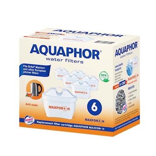 AQUAPHOR MAXPHOR+ MAXPHOR+ H Filterkartuschefür extra hartes Wasser Ersatzfilter Wasserfilter 6er Pack mit EXTRA KALKSCHUTZ AQUALEN für Tischwasserfilter