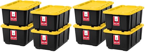 Image of IRIS USA 8-Pack 27 Gallon Storage Bins with Lids |Made in USA| Heavy Duty Plastic Tote Containers for Truckbed Tool Box Organization, Large - Black /Yellow