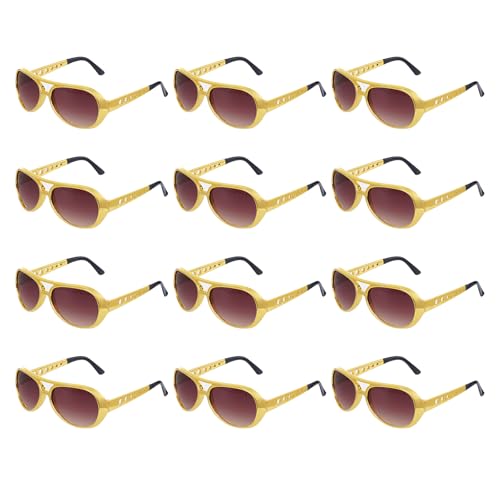 tiggell 12 pcs Disco Sunglasses 50s 60s Rock Star Cool Golden Costume Glasses for Halloween Cosplay Dress Up Christmas Birthday Party (Gold)