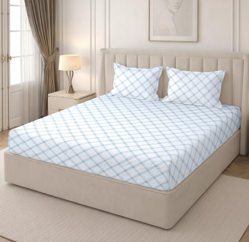 Image of RD TREND Glace Cotton All Around Elastic Fitted Check King Size Double Bed Bedsheet (72 inchx78 inchx8 inch) with 2 Pillow Cover (18 inchx28 inch) 210 TC (Lines-White)