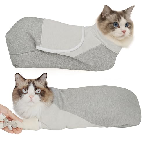 Pawfun Self-Adhesive Cat Grooming Wrap, Cozy Cat Wrap for Cutting Nails, Breathable Anti-Scratch Cats Swaddle Bag for Brushing, Ear Cleaning, Dental Care, Medication, Injections, Grey M