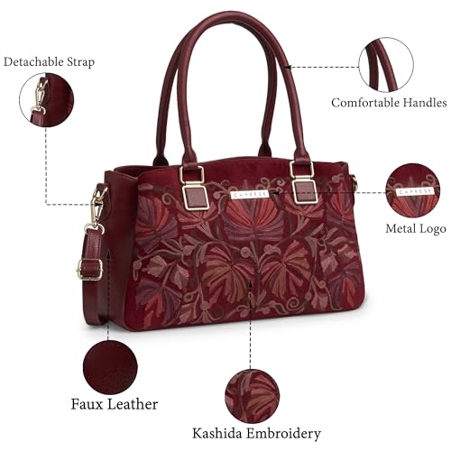 Image of Caprese Siji Tresana Large Satchel Bag for Women | Kashida Embroidery Handbag with Adjustable & Detachable Strap & 3 Spacious Compartments | Stylish Handheld Bag for Work, Travel & Everyday Use